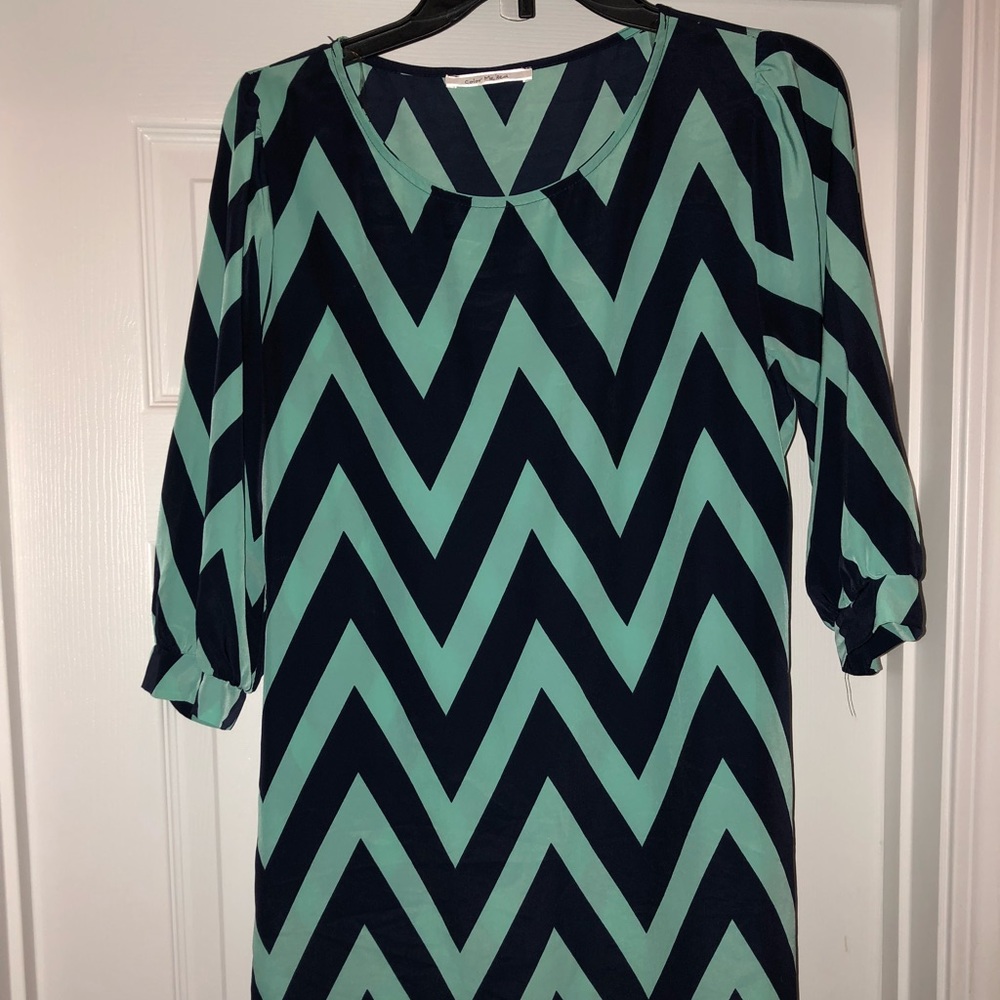 Teal and navy chevron short dress